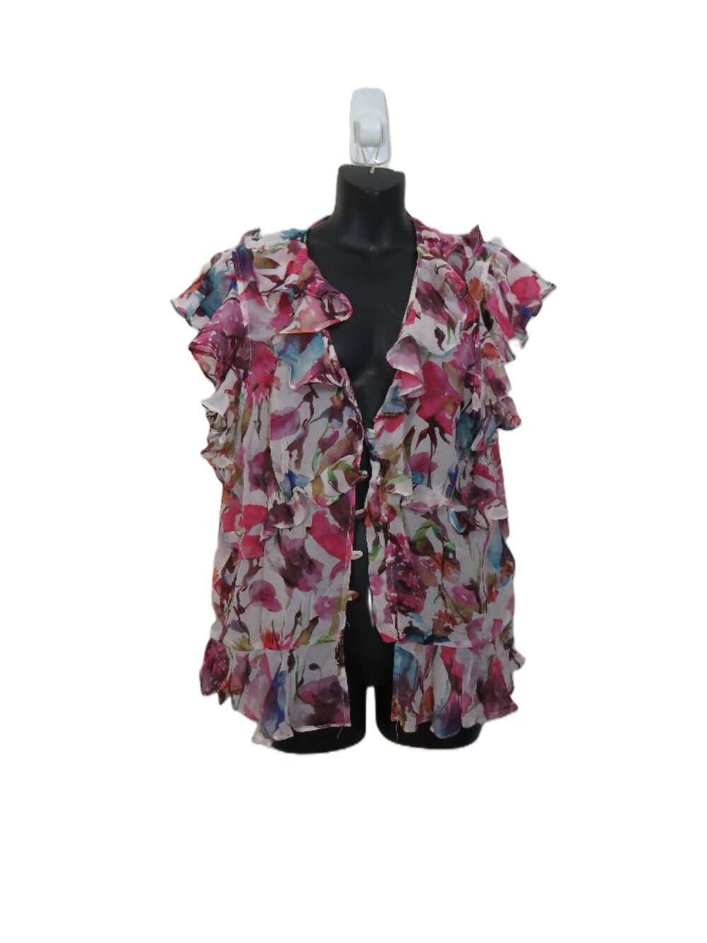 Jason Wu size Large Floral Ruffle Blouse Button Down Short Sleeve Semi Sheer